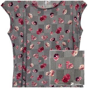 Elle Sleeveless Blouse Floral Houndstooth Scoop Neck Womens Size M Black White